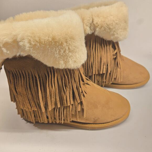 RJ's Fuzzies Suede Shearling Golden Tan Foldover-Top Fringed Cozy Boots, Size 10 - Picture 1 of 13